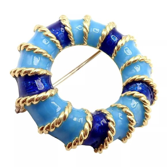 Rare! Vintage Tiffany & Co 18k Yellow Gold Blue Enamel Circle Rope Brooch Pin - Picture 12 of 13